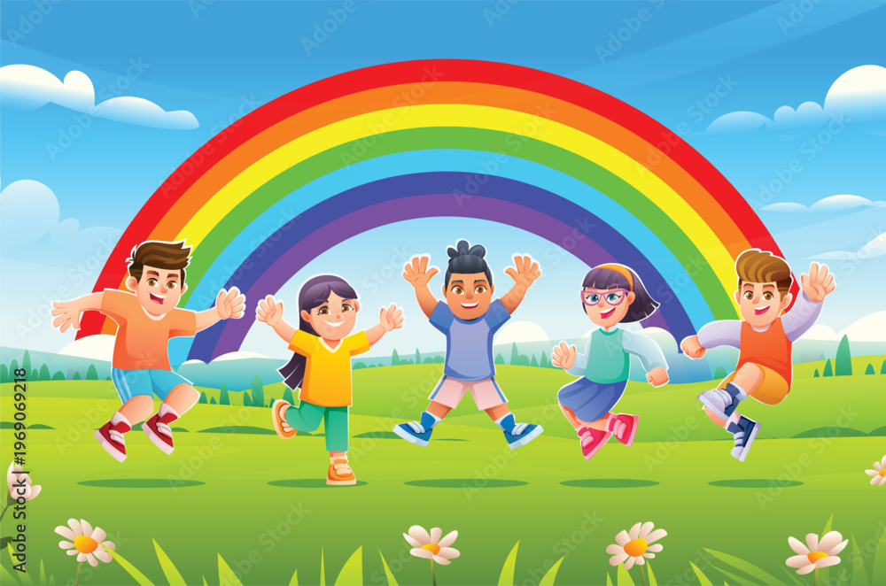 Fototapeta premium Cheerful group of students playing and jumping under colorful rainbow in park. Vector cartoon illustration