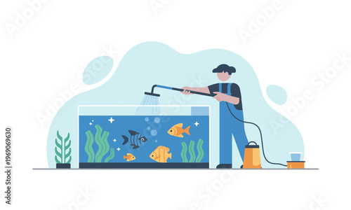 Man Cleaning Fish Tank Aquarium Flat Vector Illustration