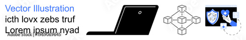 Blockchain, cybersecurity, telemedicine, innovation, decentralized networks, online security. Symbols of a laptop, blockchain nodes shield with cross. Blockchain and cybersecurity concepts