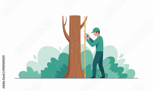 Forester in Hard Hat Measuring Tree Trunk Flat Illustration