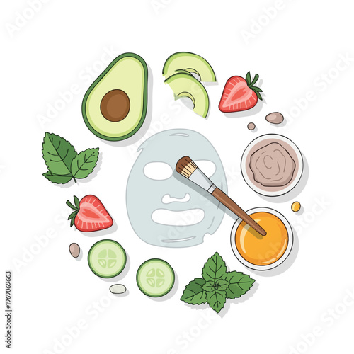 A variety of natural ingredients arranged around a face mask