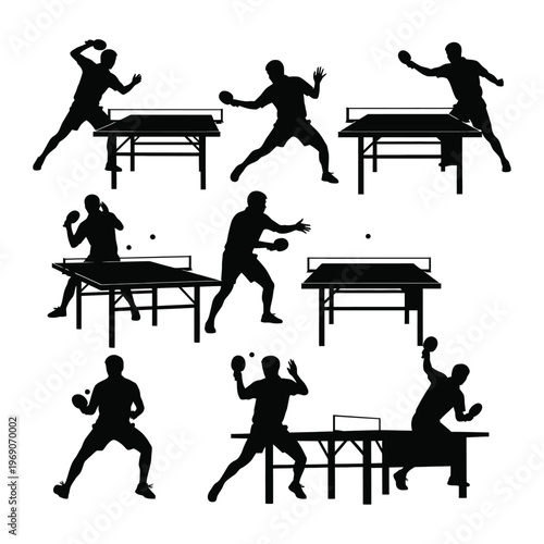 Six Table Tennis Player Silhouette Set Isolated, Ping Pong Sport Collection Vector Illustration