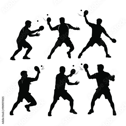 Six Table Tennis Players Silhouette Set Ping Pong Sport Action Collection Vector