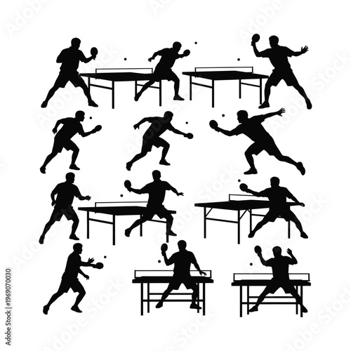 Twelve Table Tennis Player Sport Silhouette Set Ping Pong Athlete Collection Vector