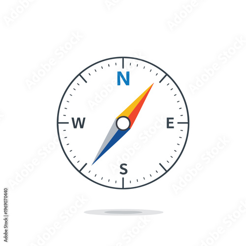 A flat design compass with a three-color needle points North, South, East, and West