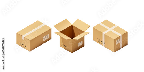 Cardboard box package for moving transportation and delivery realistic parcel container for shipping logistics storage relocation service and warehouse cargo handling concept