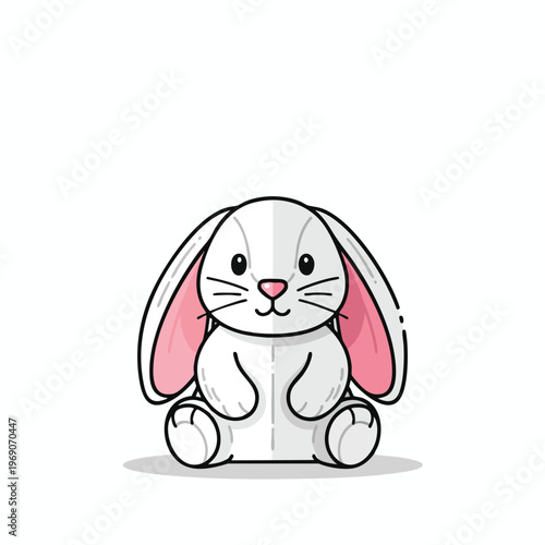 A cute, white, plush bunny with pink inner ears and wide, black eyes sits patiently