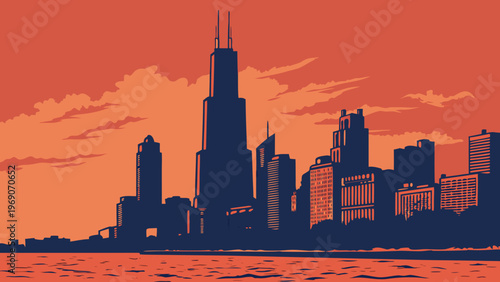 Stylized Skyline Silhouette Over Water During Sunset Reflecting Urban Architecture And Skyscraper Profiles Against A Vibrant Orange Cloudy Background