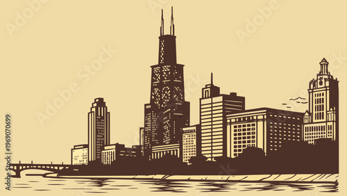 Vintage Monochrome City Skyline Featuring Tall Skyscrapers And Urban Buildings Along A Waterfront River Bank In A Classic Silhouette Artistic Style