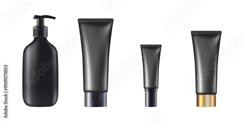 Collection of black cosmetic cream bottles and jars mockup isolated on transparent background elegant packaging template for skincare beauty branding design