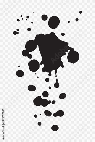 Vector black ink brush blots, grunge design element, mud banner, watercolor design, dirty texture. Isolated brush strokes on transparent background