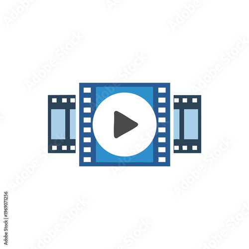 Three film strips, the center one featuring a white circle with a black play button