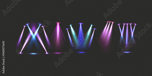 Colorful spark spotlight effect glowing laser rays bright stage illumination dramatic light beam burst with vibrant particles for show performance and digital background design
