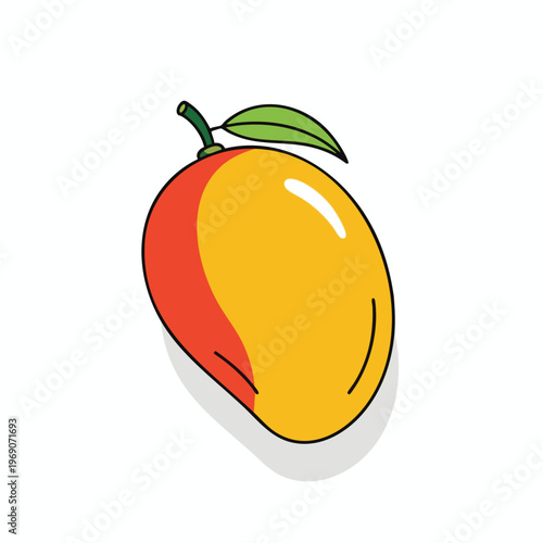 Stylized, colorful illustration of a ripe mango with a green leaf