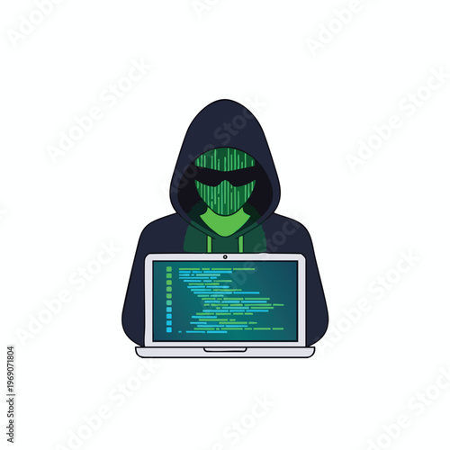 Anonymous figure in a hood with a digital mask, focused on a laptop screen with code