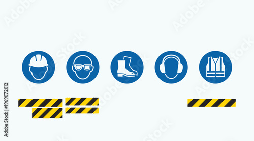 Industrial Safety Icons and PPE Mandatory Signs for Construction Site Concept