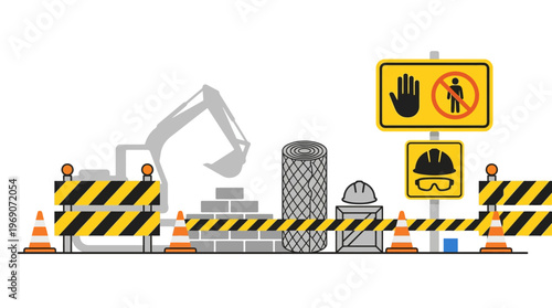 Industrial Construction Site Safety Illustration with Excavator Silhouette, Warning Signs, Traffic Cones, Barricades, and PPE Icons