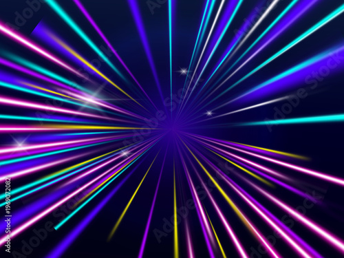 Cyberpunk light trails motion slow shutter effect acceleration speed night road bright sparkling neon lines futuristic background for technology design and dynamic urban visuals