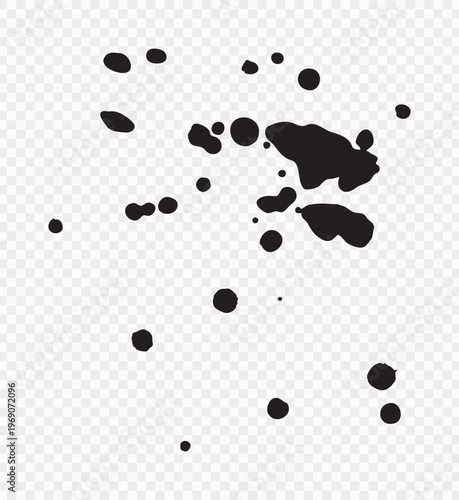 Vector black ink brush blots, grunge design element, mud banner, watercolor design, dirty texture. Isolated brush strokes on transparent background