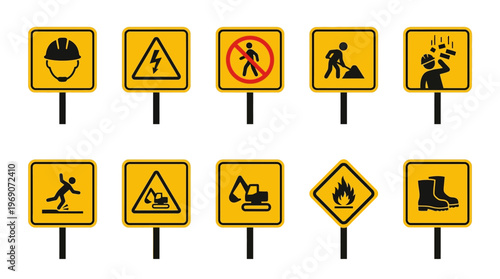 Construction Site Warning and Safety Sign Icons Set with Industrial Hazard Symbols