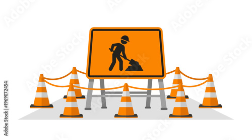Road Construction Warning Sign with Traffic Cones and Worker Silhouette Icon Illustration