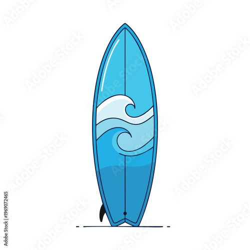 Blue surfboard with stylized waves and a single fin, on a white background