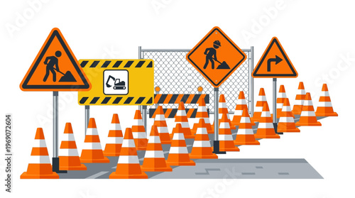 Flat Vector Illustration of Road Construction Site with Traffic Cones, Warning Signs, and Safety Barriers