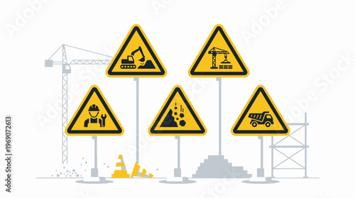 Construction Site Warning Signs Vector Illustration with Excavator Crane Worker and Heavy Machinery Icons for Building and Development Projects