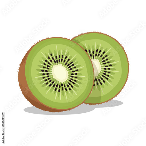 Two bright green kiwi slices with fuzzy brown skin and black seeds