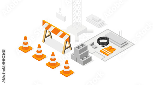 Isometric Construction Site Elements with Traffic Cones, Barrier, Safety Vest, and Building Materials