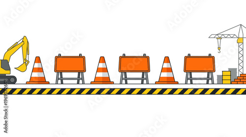 Horizontal Construction Site Banner with Excavator, Crane, Cones, and Road Signs