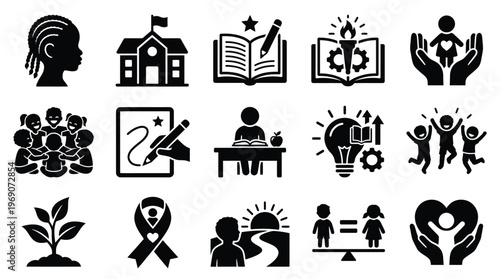A collection of black and white icons representing education, childhood, growth, community, and social issues, suitable for presentations and infographics.