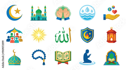 Collection of Islamic symbols and icons representing faith, prayer, community, and religious practices.