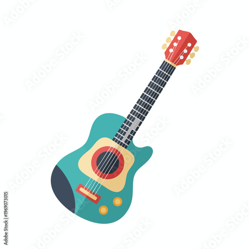 Teal electric guitar with cream, red, and black accents on a white background