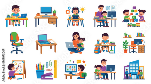 A collection of illustrations depicting children and adults engaged in various educational and work-related activities at home and in school settings.
