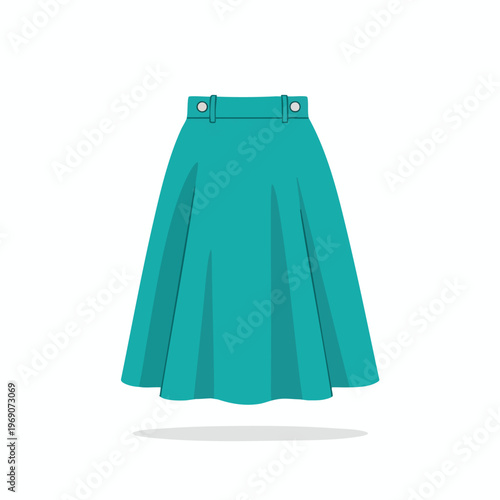 A pleated teal skirt with a waistband and buttons, casting a shadow
