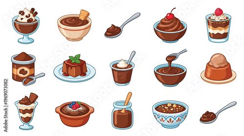 A vibrant collection of various chocolate desserts and puddings, presented in different bowls, cups, and jars, showcasing a delightful array of sweet treats.