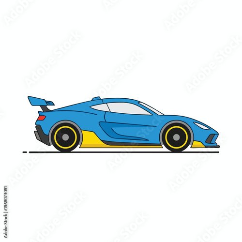 Sleek blue sports car with yellow accents and prominent rear spoiler