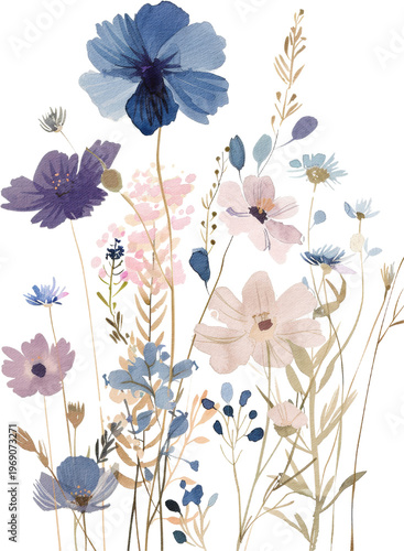 Abstract blue floral background pattern with decorative flowers, leaves, and butterflies in a seamless nature inspired design