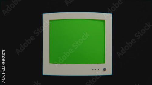 old desktop computer monitor on black background, with green screen