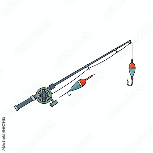Angled fishing rod with reel, line, hook, and two colorful floats