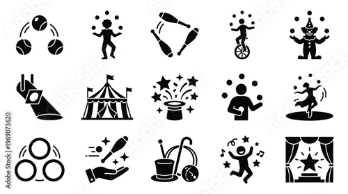A collection of 15 black and white vector icons representing various circus and performance-related activities and elements, including juggling, clowns, and a big top tent.