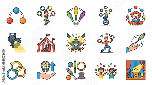 A vibrant collection of circus-themed icons, showcasing jugglers, clowns, tents, spotlights, and performance elements.