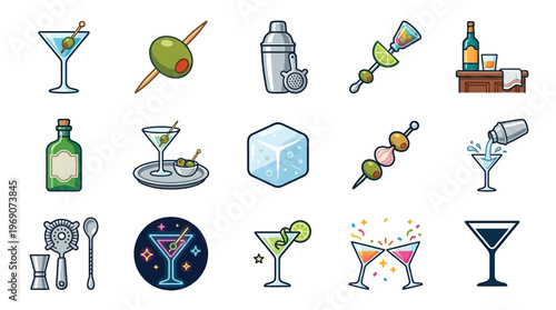 A vibrant collection of cocktail and bar-related icons, featuring martinis, olives, shakers, garnishes, and barware, perfect for beverage and hospitality themes.