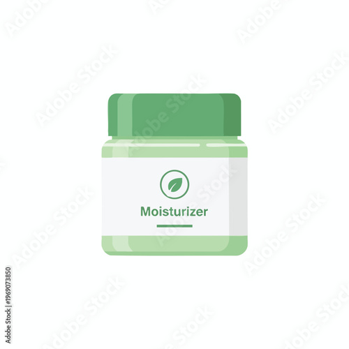 Minimalist illustration of a green moisturizer jar with a leaf icon and text