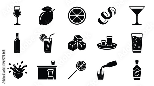 Collection of black and white icons representing various aspects of drinks and bartending, including glasses, bottles, fruits, ice, and bar equipment.