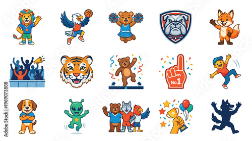 Collection of cartoon mascots and sports-themed illustrations featuring animals, people, and abstract characters.