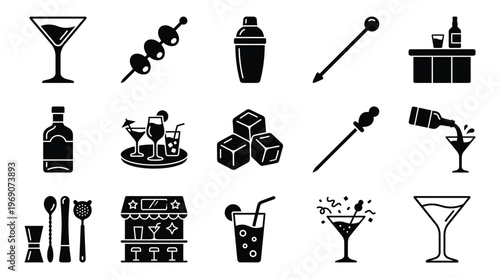 A collection of 15 black and white icons representing various bar and cocktail-related items and activities, including glassware, tools, and a bar counter.