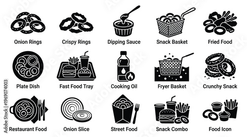 A collection of 15 black and white icons representing various fast food and snack items, including onion rings, dipping sauce, fried food, and snack combos.