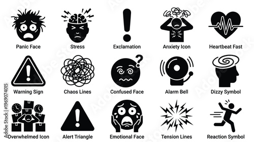 Collection of icons representing various states of panic, stress, anxiety, and emotional distress, including faces, symbols, and abstract representations.